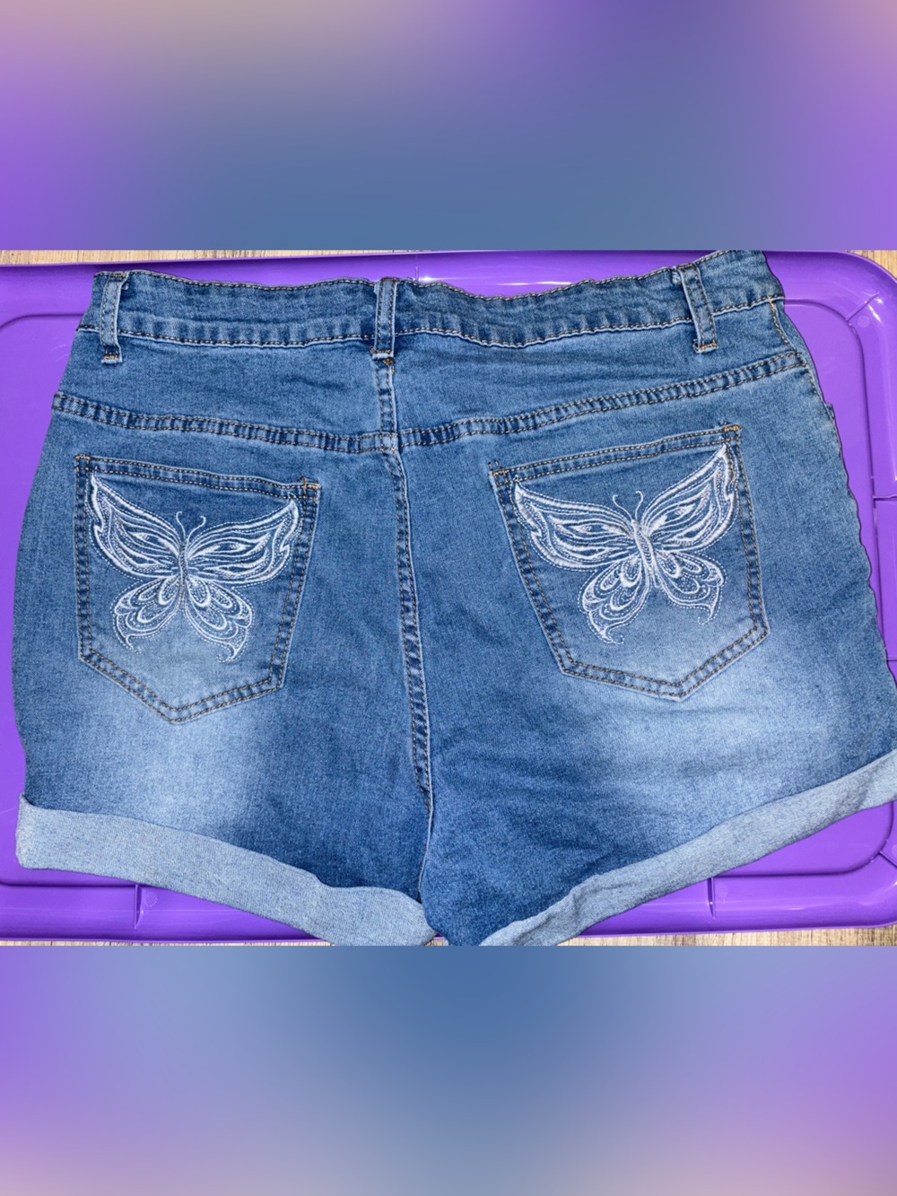 Blue Denim Butterfly Embroidered Jean Shorts